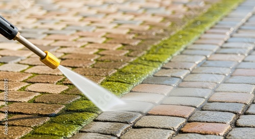 Close-up of a pressure washer cleaning a garden walkway, blasting away grime and moss from old cobblestones for a refreshed outdoor look, maintenance, power washing, wash