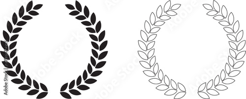 Foto Set black silhouette circular laurel foliate, wheat and oak wreaths depicting an award, achievement, heraldry, nobility on white background