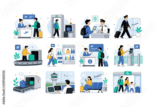 Airport Passenger Flow. Airport services, plane boarding, traveler movement, duty free shopping, information desk, customs, security detector, immigration, pilot support, baggage handling, departure,