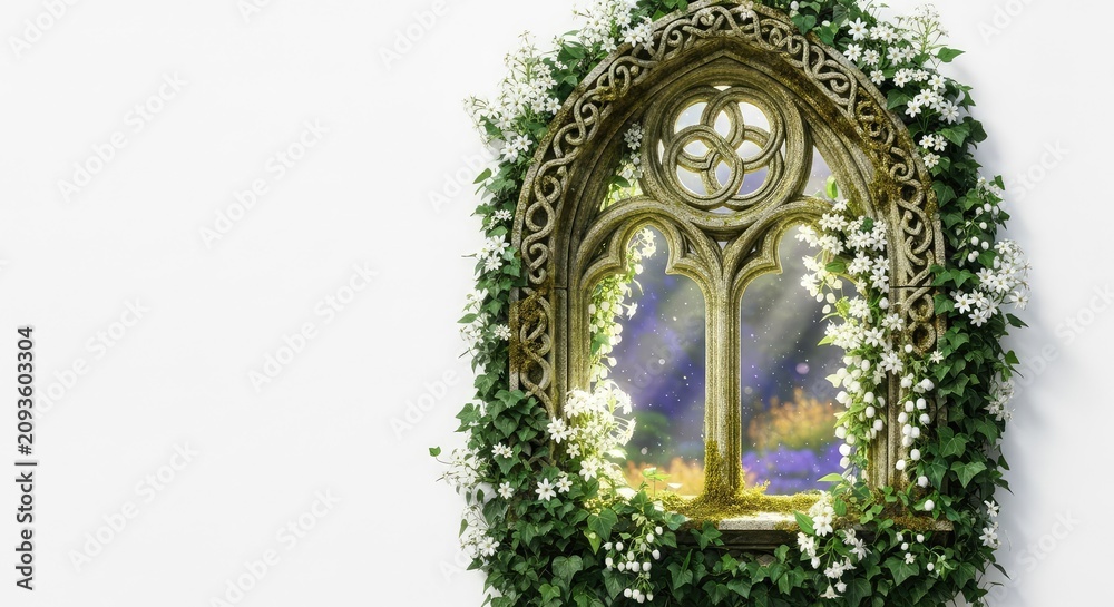 Fototapeta premium Enchanted stone arch window surrounded by delicate white blossoms and deep green ivy, illuminated by soft sunlight in a mystical garden, organic, bloom, climbing