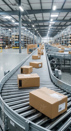 Heavy duty industrial conveyor belt moves packages through a spacious distribution center with high ceilings and metallic storage racking, roller, industrial, supply chain