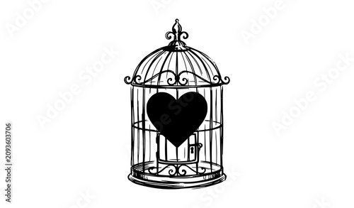 Tableau sur toile Heart in birdcage sketch illustration love confinement and freedom concepts