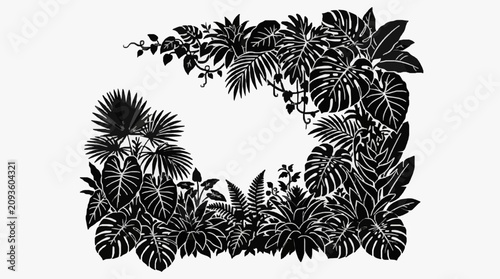 Tropical leaf wreath illustration in black and white.