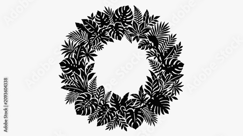 Tropical Leaf Wreath Illustration in Black and White.