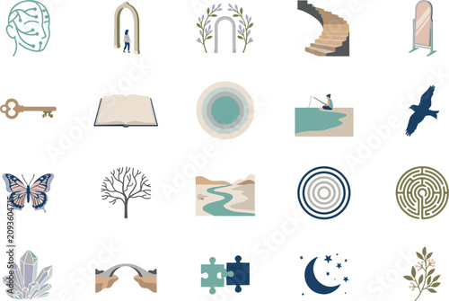 Konstfotografi Psychological metaphor and spiritual wellness vector icon set featuring keys labyrinths open books arches staircases brain lines and healing crystals for therapy