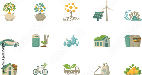 Canvastavla Sustainable green energy icon set featuring solar panels wind turbines electric vehicles recycling bins and eco friendly houses for environmental conservation concepts