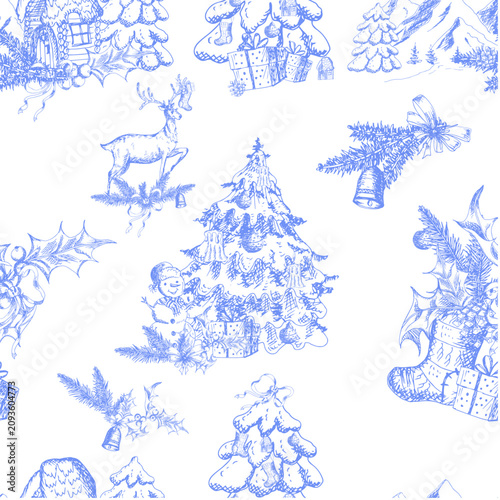 Blue winter pattern featuring a Christmas tree, a deer, and a snowman—suitable for backgrounds, wrapping paper, or textiles.