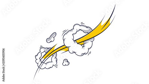 Comic Book Speed Motion Effect with Yellow Streak and Smoke Clouds Isolated on White