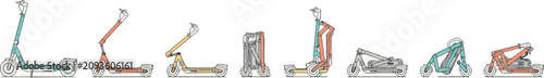 Electric kick scooter folding mechanism sequence flat vector illustration set showing step by step process to fold unpack and carry micro mobility urban commuter vehicle