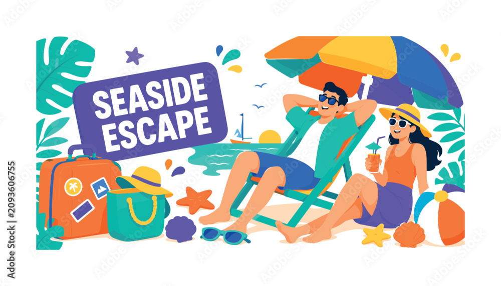 Fototapeta premium Seaside Escape wide panoramic website header banner with 2 expressive stylized travelers escaping into seaside scene with oversized deck chair and giant beach umbrella stretching edge to edge, with