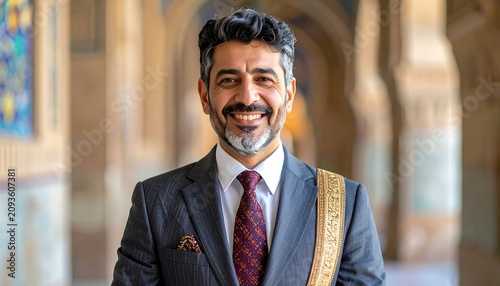 A smiling man in a suit with a sash stands in an ornate building