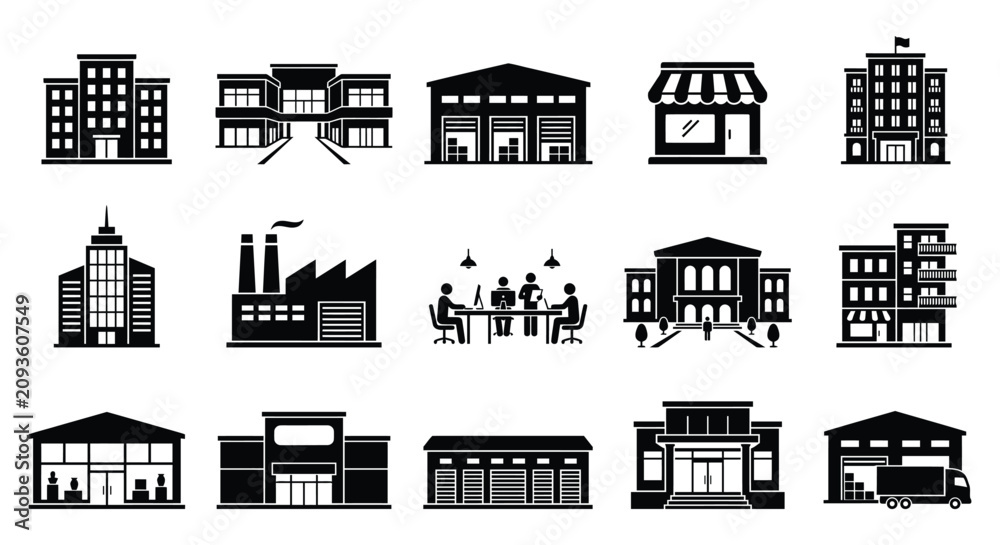 Obraz premium Set of black silhouette icons depicting various types of modern commercial industrial buildings offices and retail store facilities for business design