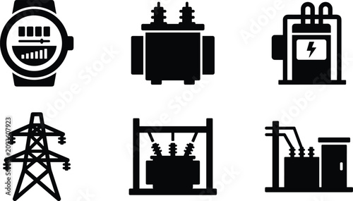 Industrial power and electrical transformer icons isolated on white background black silhouette collection for energy infrastructure and utility concepts