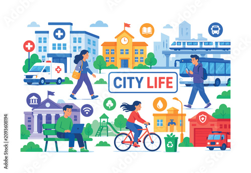 Social Infrastructure Line Banner: Social Infrastructure Line Banner uses palette #2563EB #7C3AED #22C55E #F59E0B #EF4444. Social Infrastructure Line Banner shows 2?3 citizens interacting with city