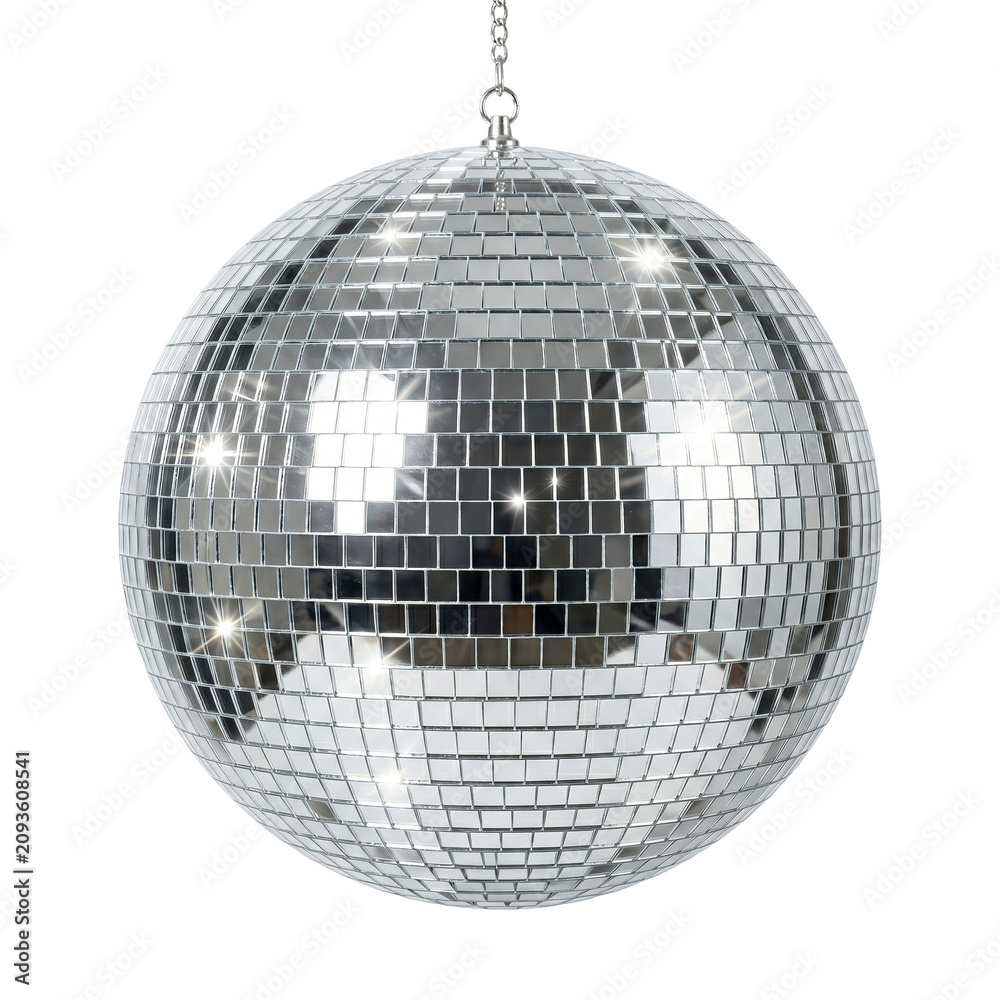 Fototapeta premium Shiny disco ball hanging on a silver chain, cut out, stock png, isolated on transparent background
