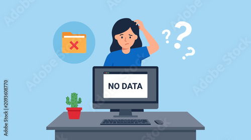 Quadro su tela Woman sits at desk with computer showing no data and looks confused