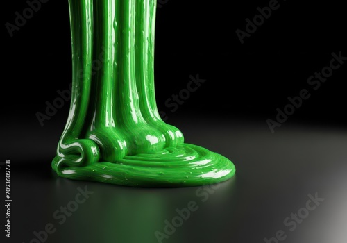 A thick vibrant green substance slowly oozes down a dark smooth surface, capturing every viscous ripple as it flows with heavy intensity, drip, smooth, slime