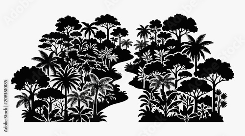 Foto Tropical jungle silhouette with dense foliage and palm trees.