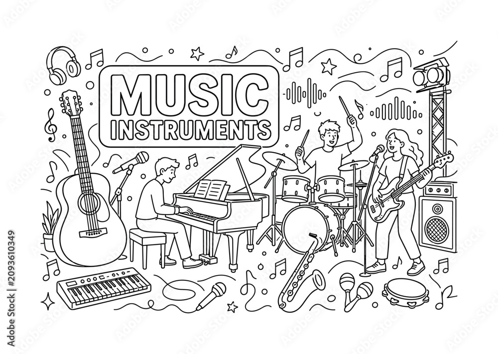 Obraz premium Music Instruments Icon Set Banner. Clean outline line art composition showing guitar, piano and drum set as main oversized objects, music studio scene with 2?3 characters performing, notes and sound