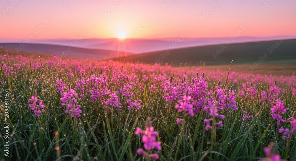 Fototapeta premium A breathtaking view of pink flowers blooming during a soft sunrise, casting a warm glow over a serene meadow filled with morning dew drops, morning, petals, lush