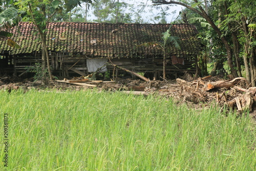 Fotografie post flood village, indonesian rural home, flood aftermath, disaster recovery, d