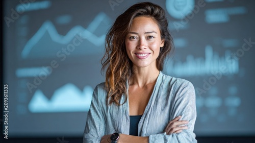 Confident businesswoman with arms crossed in front of a data analytics projection screen