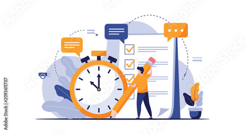 Organized man checking off tasks on a giant checklist with a pencil next to a large stopwatch for time management.