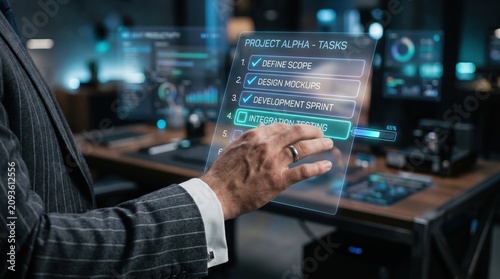 Executive using a digital pipeline task interface on a transparent laptop screen in a high-tech office.