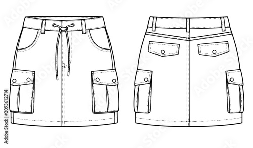 Canvastavla Cargo Pocket Mini Skirt Front Back Technical Flat Drawing Vector Mockup
