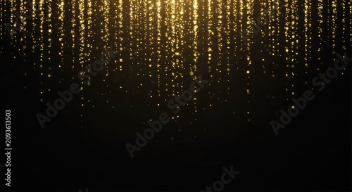 Shimmering gold particles cascade from the top against a dark void, producing a luxurious and festive glow ideal for sophisticated designs, wedding, anniversary, brilliance