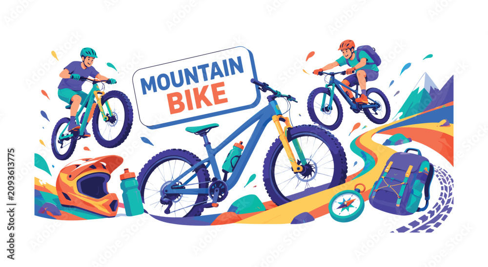 Fototapeta premium Mountain Biking wide panoramic website header banner with 2 expressive stylized riders jumping beside oversized mountain bike and giant trail ribbon stretching edge to edge, with helmet, water bottle,