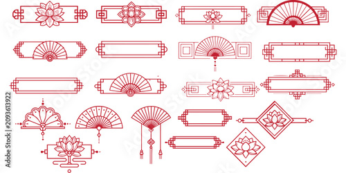 Chinese traditional border and frame vector set with folding fans and lotus flowers, oriental red line art banner elements, auspicious Asian pattern ornaments collection.