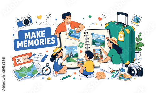 Vacation Memories Together. Editorial banner scene with a family collecting travel memories around an oversized photo album and giant suitcase, vacation keepsake elements reaching all edges, camera,