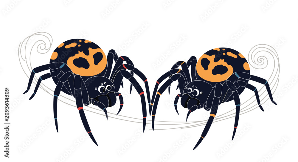 Fototapeta premium Two stylized black and orange spiders spinning fine silk threads against a clean white background.