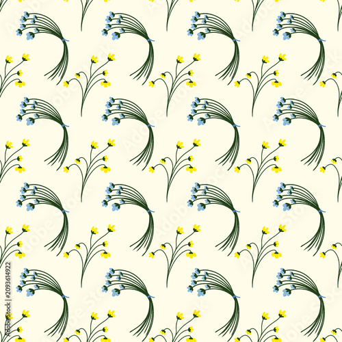 Minimalist seamless pattern with yellow wild flowers and blue bouquets