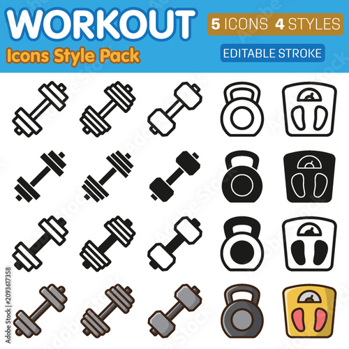 Workout icons style pack with editable stroke featuring gym fitness dumbbells, kettlebell, and weight scale vector illustration