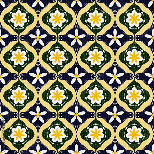 Vibrant seamless geometric floral pattern in navy navy, yellow, and green