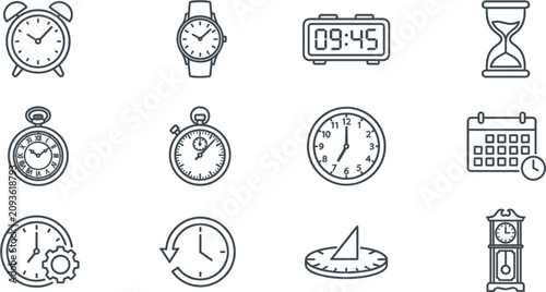 Time management and productivity line icon set featuring alarm clock wristwatch digital timer hourglass pocket watch stopwatch calendar sundial and grandfather clock symbols