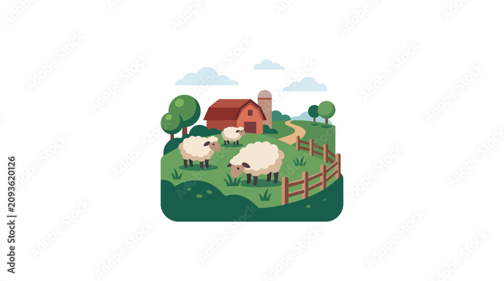 Naklejka premium Sheep Grazing on Green Hill Farm.