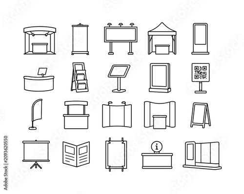 Event Display Booth line icon set, create 20 clean outline icons showing exhibition booth, roll-up banner, billboard, trade show tent, digital totem, reception desk, brochure holder, tablet stand,