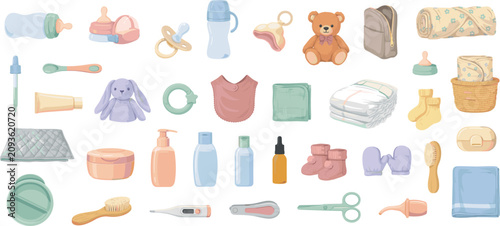 Obraz na płótnie Newborn baby care accessories vector element set featuring feeding bottles diape