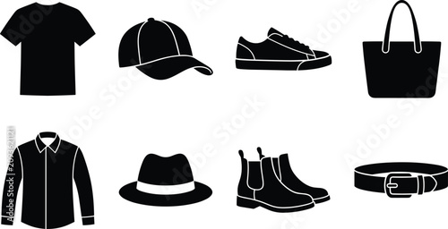 Foto Set of black clothing and fashion accessories icons including shirt t-shirt shoe
