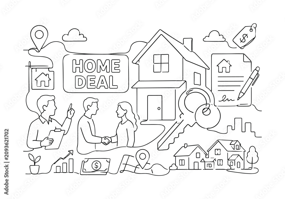 Fototapeta premium Home Real Estate Property Icons. Clean one-line drawing composition with house, key, contract, neighborhood across canvas, 2?3 characters, oversized building and key, small real estate elements near