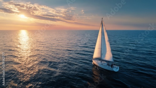 sailboat gliding on a calm sea toward the distant horizon, sailboat on the sea, sailing boat at sunset, sailboat at sunset