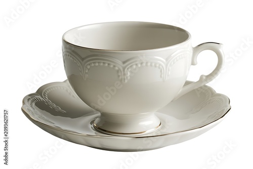 Elegant porcelain tea cup and saucer with embossed decorative detail isolated on white background