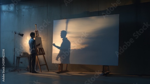A silhouette of a young artist standing before a blank canvas actively paints a landscape,  
artist painting a picture, man painting on easel, artist at work