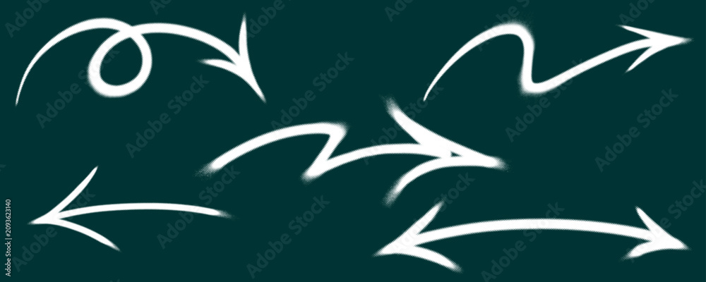 Obraz premium White colored multiple arrows set with spray paint halftone texture. Urban street art graphic design template collection with isolated directional pointers and navigation signs clip art.