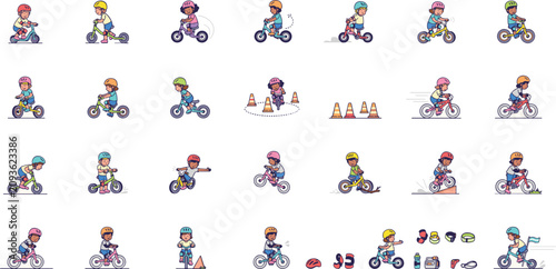 Foto Cute kids riding balance bikes and kick scooters flat vector illustration icon s