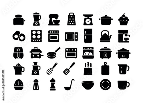 Kitchen Cooking Appliances Icons Set. Kitchen Cooking Appliances Solid glyph icon set of toaster, blender, mixer, grater, scale, pot, cupcake, fried eggs, stove, oven, microwave, fridge, kettle,