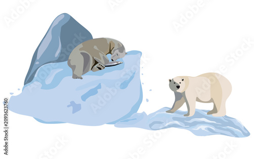 Polar bears on melting iceberg vector illustration, climate change and global warming concept.